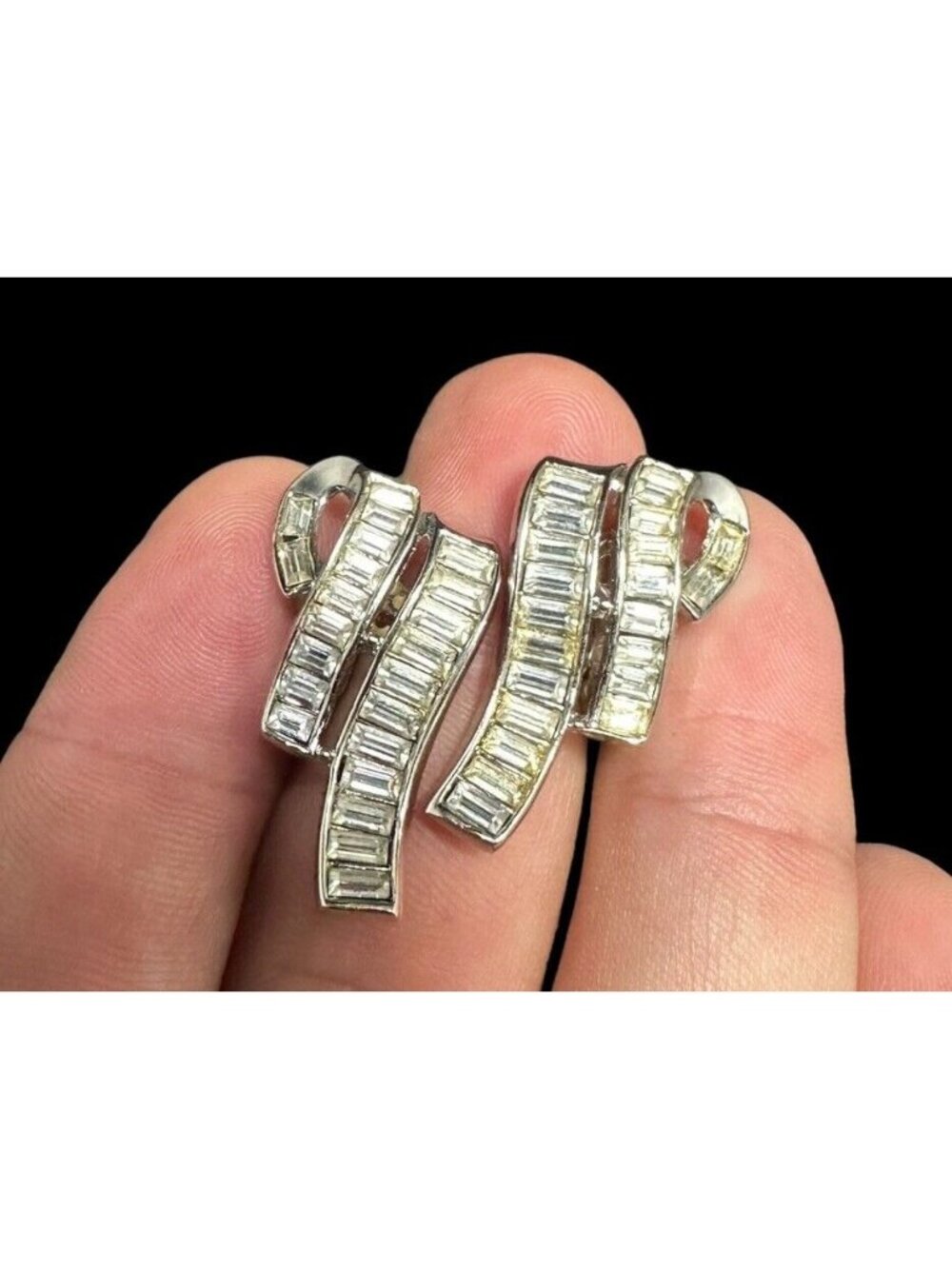 1950s Crown Trifari Alfred Philippe Silver Tone Baguette Crystal Clip Earrings